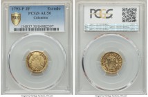 Charles IV gold Escudo 1793 P-JF AU50 PCGS, Popayan mint, KM56.2. Dark accents give a strong visual contrast to the devices, while minor wisps of hand...