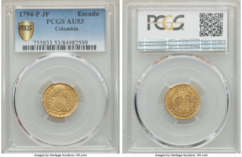 Charles IV gold Escudo 1794 P-JF AU53 PCGS, Popayan mint, KM56.2. Markedly lustr...