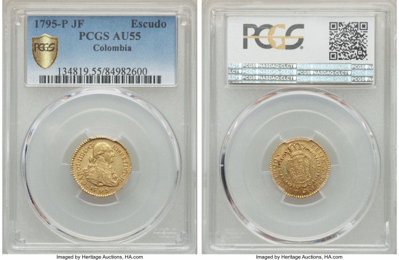 Charles IV gold Escudo 1795 P-JF AU55 PCGS, Popayan mint, KM56.2. Sharp legends ...