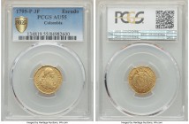 Charles IV gold Escudo 1795 P-JF AU55 PCGS, Popayan mint, KM56.2. Sharp legends with no perceptible weakness in the reverse shield, and the rim only j...