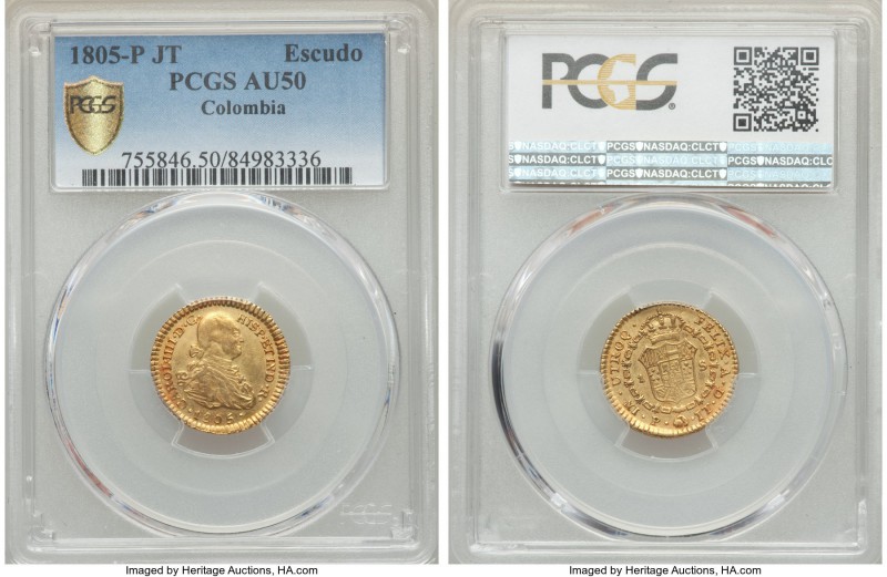 Charles IV gold Escudo 1805 P-JT AU50 PCGS, Popayan mint, KM56.2. Handsome with ...