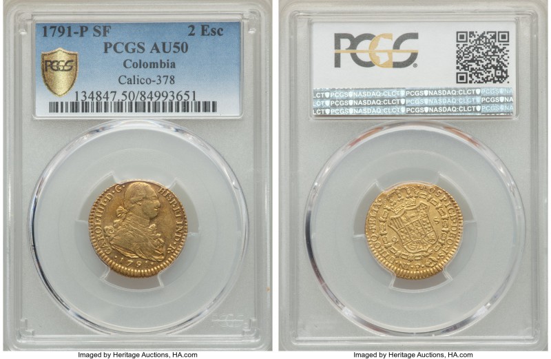 Charles IV gold 2 Escudos 1791 P-SF AU50 PCGS, Popayan mint, KM60.2, Cal-378. St...