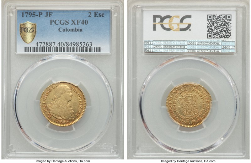 Charles IV gold 2 Escudos 1795 P-JF XF40 PCGS, Popayan mint, KM60.2. Some traces...