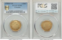 Charles IV gold 2 Escudos 1795 P-JF XF40 PCGS, Popayan mint, KM60.2. Some traces of die polish towards the peripheries, and only a small patch of weak...