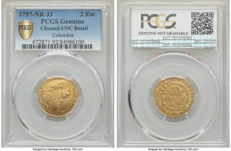 Charles IV gold 2 Escudos 1797 NR-JJ UNC Detail (Cleaned) PCGS, Nuevo Reino mint...