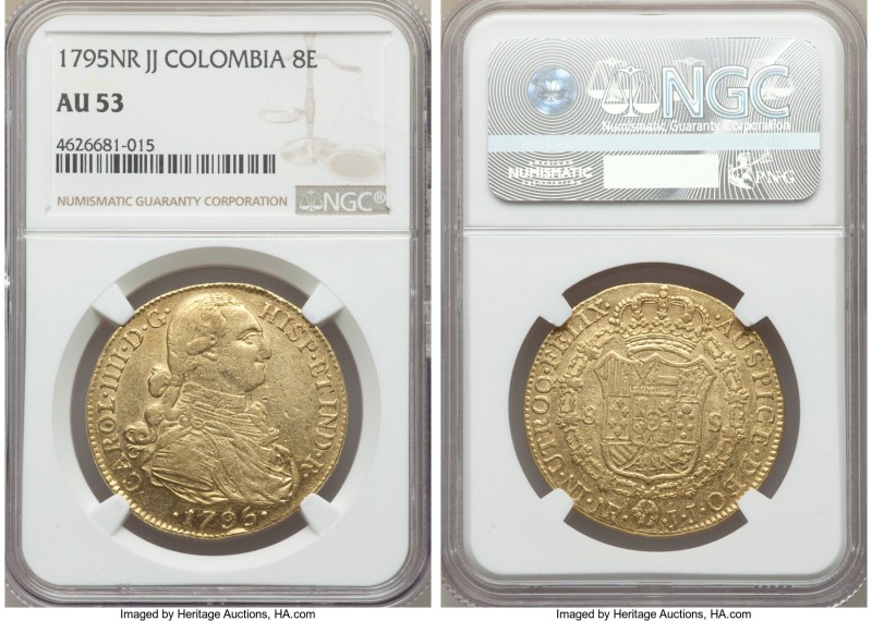 Charles IV gold 8 Escudos 1795 NR-JJ AU53 NGC, Nuevo Reino mint, KM62.1. A brigh...