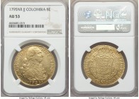 Charles IV gold 8 Escudos 1795 NR-JJ AU53 NGC, Nuevo Reino mint, KM62.1. A bright example with an even level of wear and significant luster still rema...