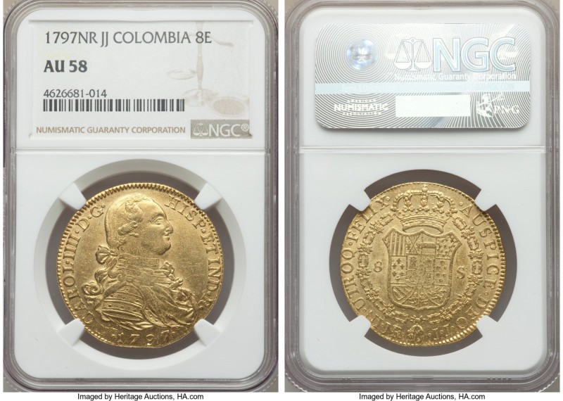 Charles IV gold 8 Escudos 1797 NR-JJ AU58 NGC, Nuevo Reino mint, KM62.1. Only li...