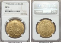 Charles IV gold 8 Escudos 1797 NR-JJ AU58 NGC, Nuevo Reino mint, KM62.1. Only lightly circulated, as is clearly evident by the near-completeness of mo...