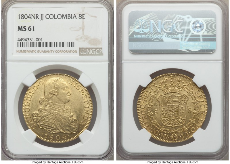 Charles IV gold 8 Escudos 1804 NR-JJ MS61 NGC, Nuevo Reino mint, KM62.1. An alwa...