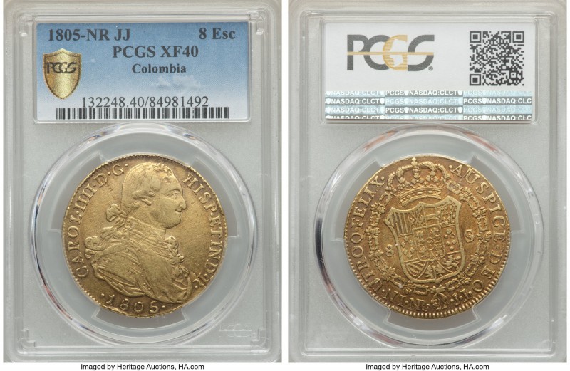 Charles IV gold 8 Escudos 1805 NR-JJ XF40 PCGS, Nuevo Reino mint, KM62.1. Gorgeo...
