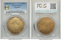 Charles IV gold 8 Escudos 1805 NR-JJ XF40 PCGS, Nuevo Reino mint, KM62.1. Gorgeous rosaceous infused iridescence permeates throughout the reverse, wit...