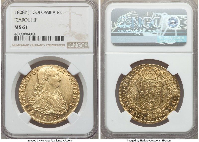 Charles IV gold 8 Escudos 1808 P-JF MS61 NGC, Popayan mint, KM66.2. Boldly struc...