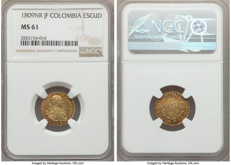 Ferdinand VII gold Escudo 1809 NR-JF MS61 NGC, Nuevo Reino mint, KM64.1. Incredi...