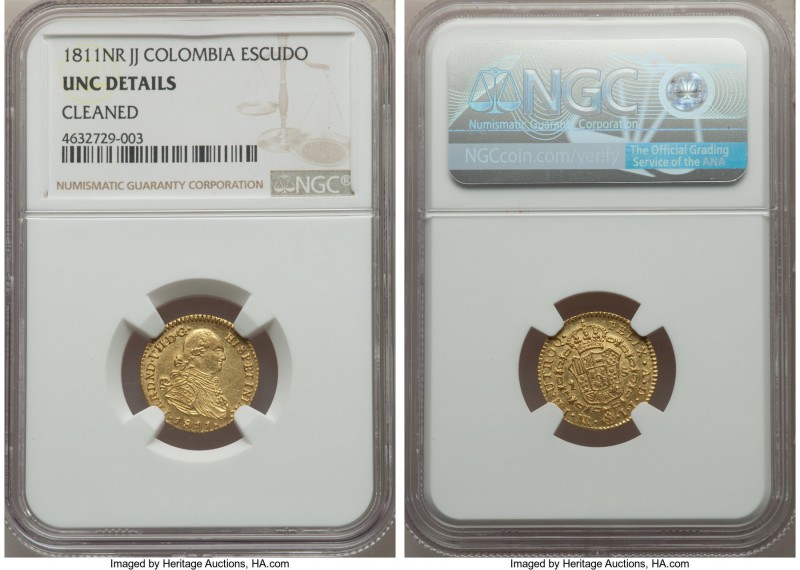 Ferdinand VII gold Escudo 1811 NR-JF UNC Details (Cleaned) NGC, Nuevo Reino mint...