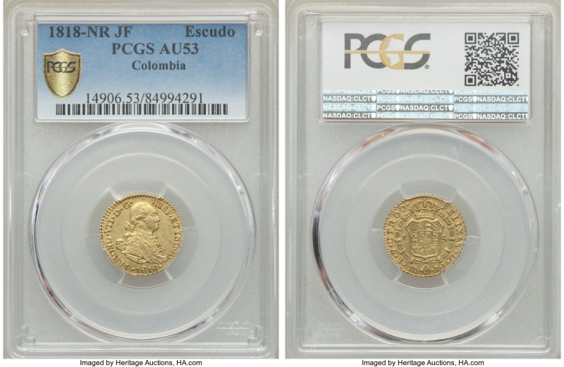 Ferdinand VII gold Escudo 1818 NR-JF AU53 PCGS, Nuevo Reino mint, KM64.1. A char...