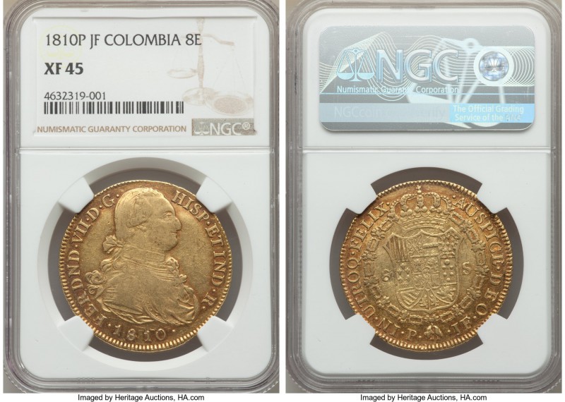 Ferdinand VII gold 8 Escudos 1810 P-JF XF45 NGC, Popayan mint, KM66.2. Featuring...