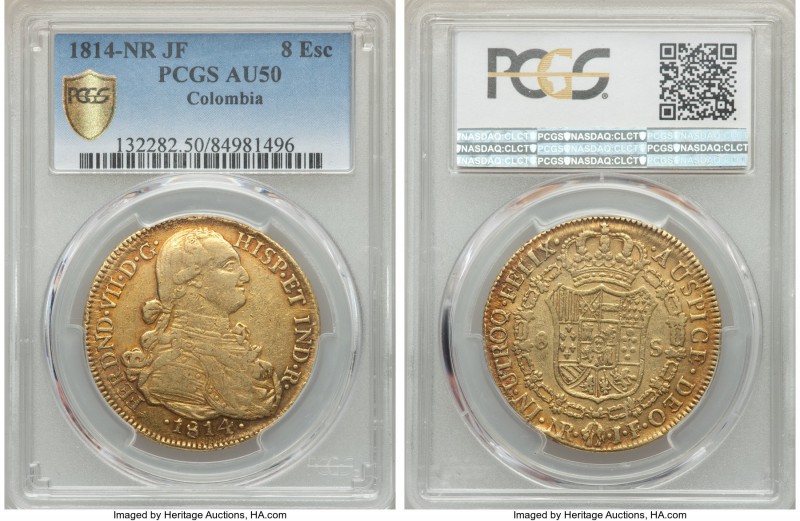 Ferdinand VII gold 8 Escudos 1814 NR-JF AU50 PCGS, Nuevo Reino mint, KM66.1. Min...
