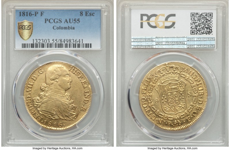 Ferdinand VII gold 8 Escudos 1816 P-F AU55 PCGS, Popayan mint, KM66.2. A scarce ...