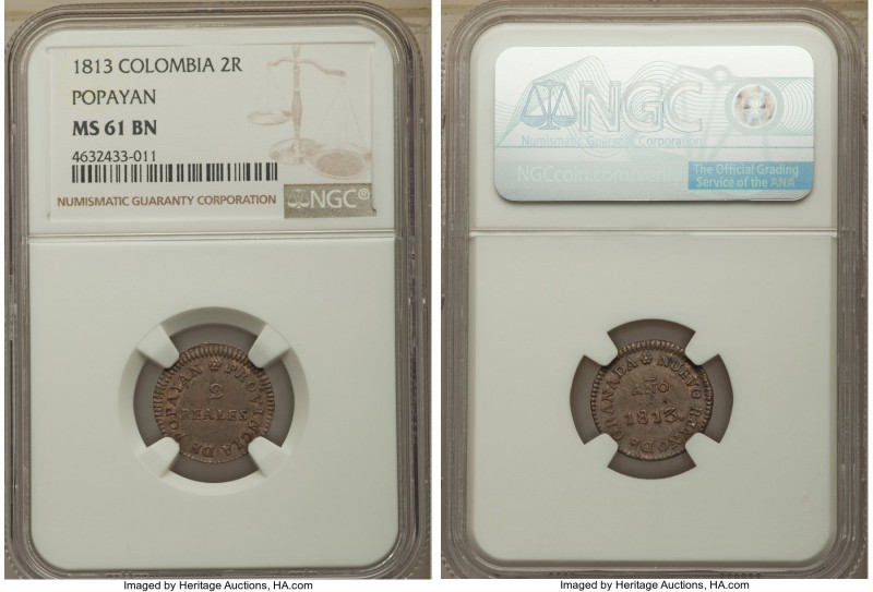 Provisional 2 Reales 1813 MS61 Brown NGC, Popayan mint, KM-B2. A quite desirable...