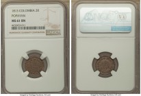 Provisional 2 Reales 1813 MS61 Brown NGC, Popayan mint, KM-B2. A quite desirable and rather elusive Royalist issue struck during the War of Independen...
