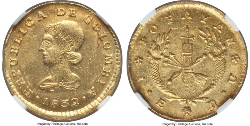 Republic gold Escudo 1832-RU MS63 NGC, Popayan mint, KM81.2. A lovely choice pie...