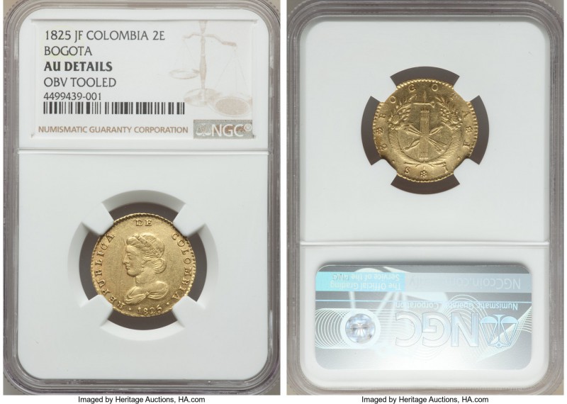 Republic gold 2 Escudos 1825-JF AU Details (Obverse Tooled) NGC, Bogota mint, KM...