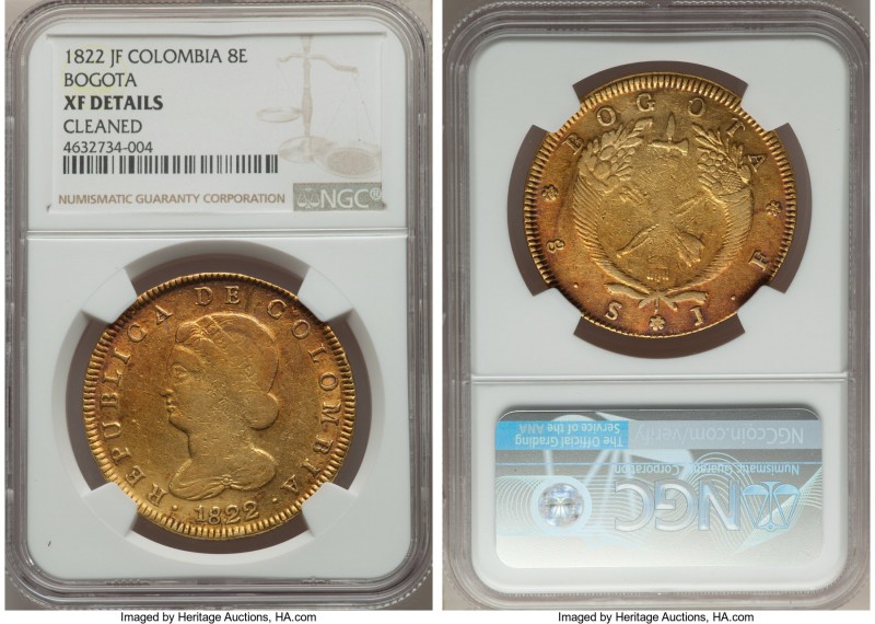 Republic gold 8 Escudos 1822-JF XF Details (Cleaned) NGC, Bogota mint, KM82.1. O...