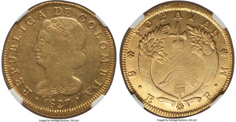 Republic gold 8 Escudos 1827-FM AU55 NGC, Popayan mint, KM82.2. Rather lustrous ...