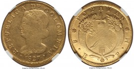 Republic gold 8 Escudos 1827-FM AU55 NGC, Popayan mint, KM82.2. Rather lustrous and strongly struck around the legends, a patch of adjustment marks vi...