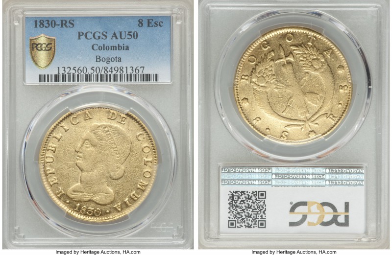 Republic gold 8 Escudos 1830-RS AU50 PCGS, Bogota mint, KM82.1. Some scattered a...