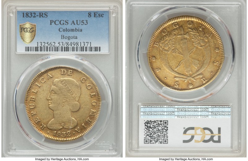 Republic gold 8 Escudos 1832-RS AU53 PCGS, Bogota mint, KM82.1. Comparatively bo...