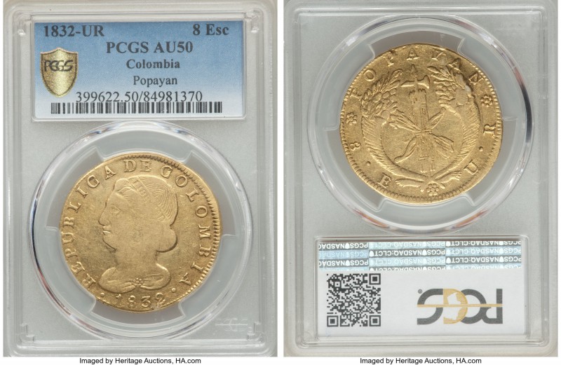 Republic gold 8 Escudos 1832-UR AU50 PCGS, Popayan mint, KM82.2. Weak striking o...