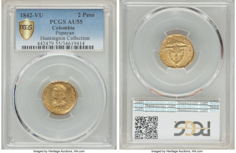 Nueva Granada gold 2 Pesos 1842-VU AU55 PCGS, Popayan mint, KM95. Lightly toned ...