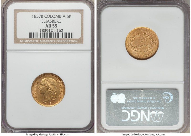 Nueva Granada gold 5 Pesos 1857-B AU55 NGC, Bogota mint, KM120.1. An ever-popula...