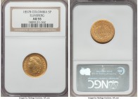 Nueva Granada gold 5 Pesos 1857-B AU55 NGC, Bogota mint, KM120.1. An ever-popular type, quite charming with such full cartwheel effects and only a min...