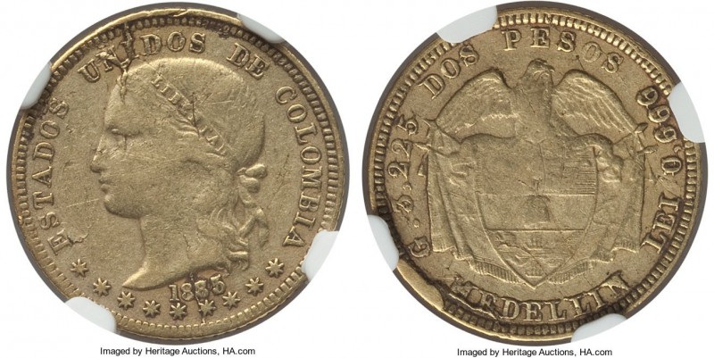 Estados Unidos gold 2 Pesos 1885/74 VF35 NGC, Medellin mint, KM-A154a, Sedwick-3...