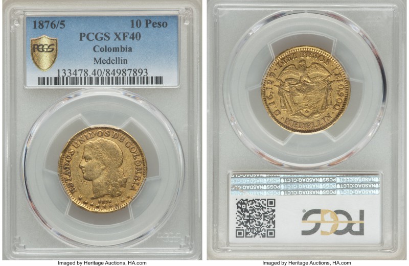 Estados Unidos gold 10 Pesos 1876/5 XF40 PCGS, Medellin mint, KM141.4. Still wit...