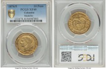 Estados Unidos gold 10 Pesos 1876/5 XF40 PCGS, Medellin mint, KM141.4. Still with a more or less clear overdate in spite of being well-circulated. Ex....