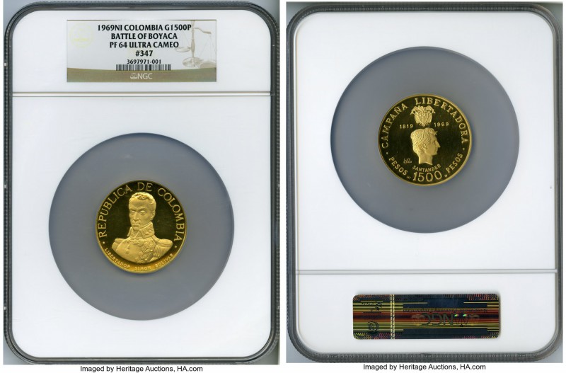 Republic gold Proof "Battle of Boyaca" 1500 Pesos 1969-NI PR64 Ultra Cameo NGC, ...