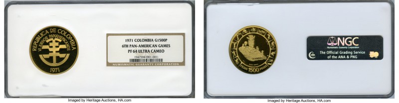 Republic gold Proof "6th Pan American Games" 1500 Pesos 1971 PR64 Ultra Cameo NG...