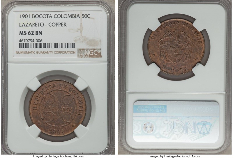 Lazareto. Leper Colony copper 50 Centavos 1901 MS62 Brown NGC, KM-L5a. A general...