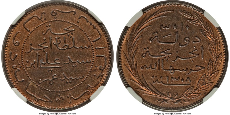Said Ali ibn Said Amr bronze Proof 10 Centimes AH 1308 (1890/1)-A PR65 Red and B...