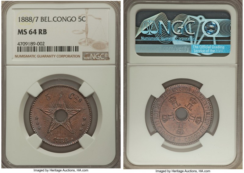 Belgian Colony. Leopold II 5 Centimes 1888/7 MS64 Red and Brown NGC, KM3. With a...