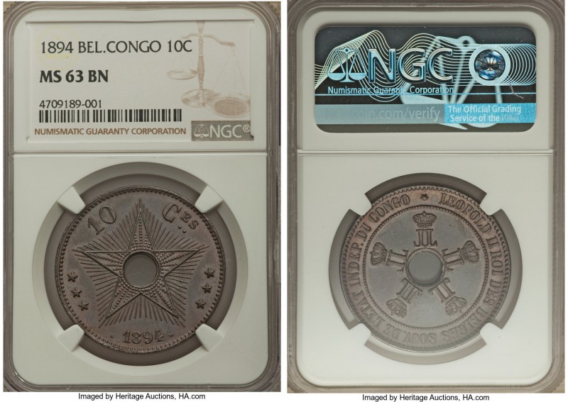 Belgian Colony. Leopold II 10 Centimes 1894 MS63 Brown NGC, KM4. Marvelously pre...