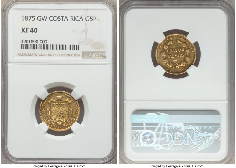 Republic gold 5 Pesos 1875-GW XF40 NGC, San Jose mint, KM117. A scarcer two-year...