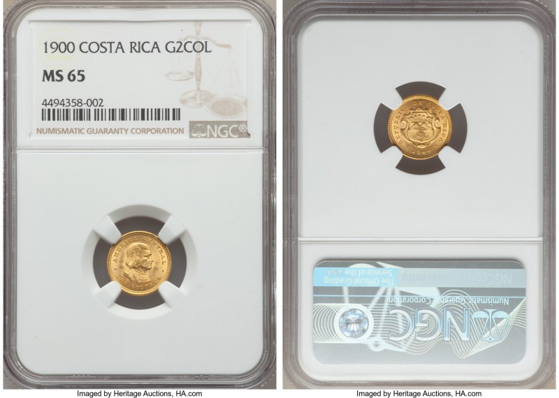 Republic gold 2 Colones 1900 MS65 NGC, Philadelphia mint, KM139. AGW 0.0450 oz.
...
