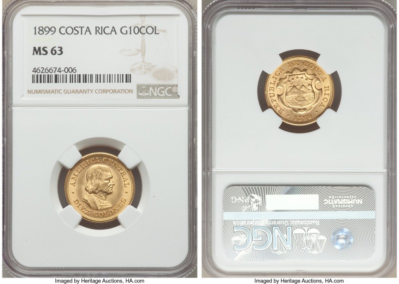 Republic gold 10 Colones 1899 MS63 NGC, Philadelphia mint, KM140. AGW 0.2251 oz....