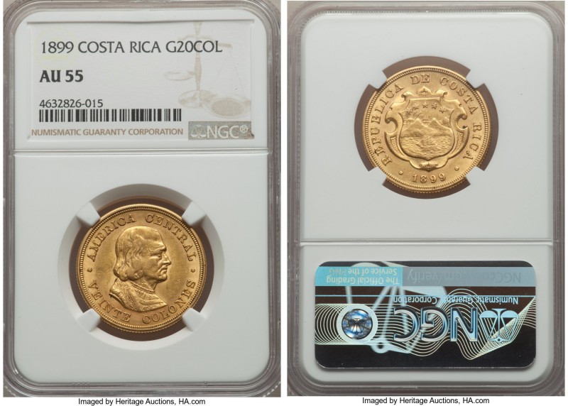 Republic gold 20 Colones 1899 AU55 NGC, Philadelphia mint, KM141. A honey-gold p...