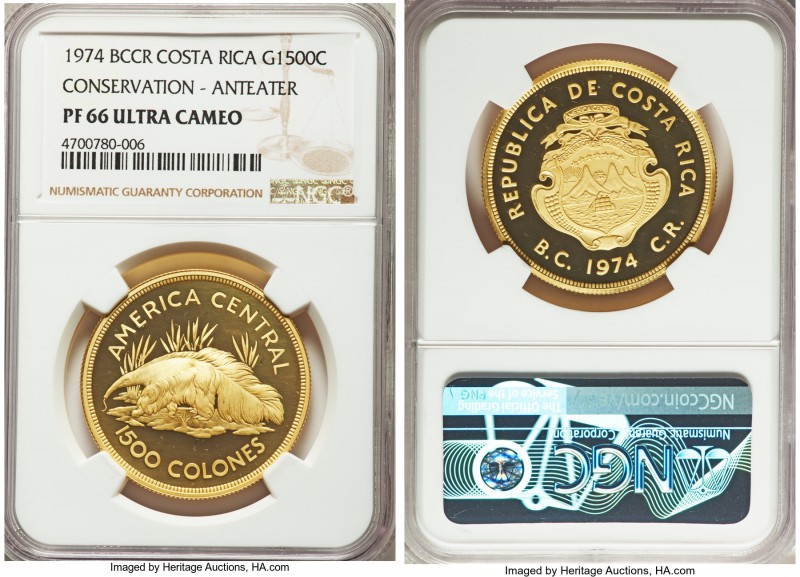 Republic gold Proof "Anteater" 1500 Colones 1974 PR66 Ultra Cameo NGC, London mi...